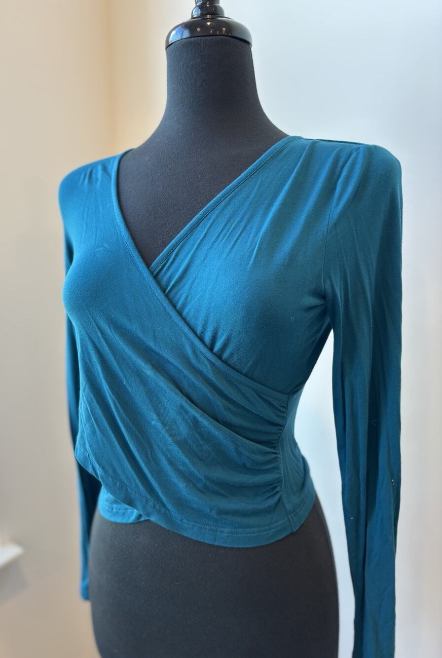 Vetior Teal Cross-Wrap Deep V-Neck Women's Long Sleeve 100% Modal Shirt, Size: M